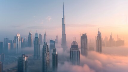 Obraz premium A city skyline in the early morning mist, with skyscrapers emerging from the foggy atmosphere.