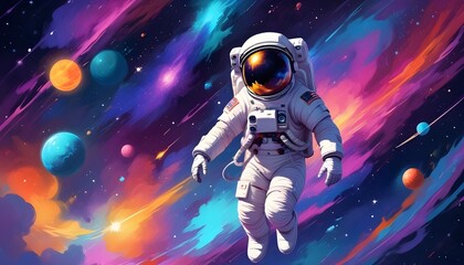 Fototapeta premium Floating Astronaut in Colorful Cosmic Space with nebula planets saturn and paint splashes