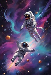 Fototapeta premium Two floating astronauts in Colorful Cosmic Space with nebula planets Saturn and paint splashes Vertical 9:16 