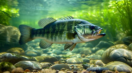 Fototapeta premium Closeup of Freshwater Fish Resting on Rocky Bottom in Tranquil Underwater Habitat