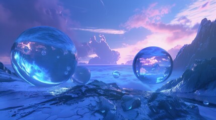 Futuristic Landscape with Floating Spheres and Vibrant Sky at Sunset