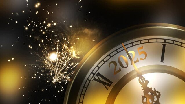 countdown vintage clock 2025 with sparkling fireworks on night sky background, happy new year 2025 greeting card