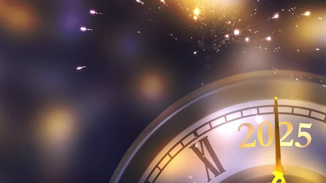 happy new year 2025 countdown clock with fireworks on blue night sky, abstract new years eve greeting card concept 