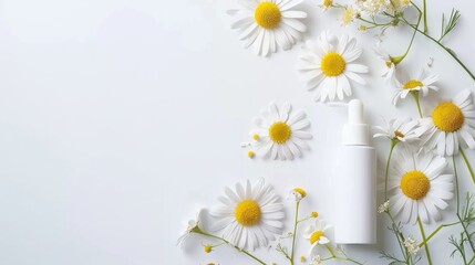 Floral arrangement of chamomiles or daisies and cosmetic product in bottle on white background Organic cosmetology and beauty care