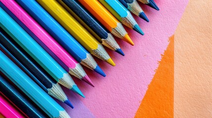 Set of colored pencils on a dual tone background with selective focus in a close up shot