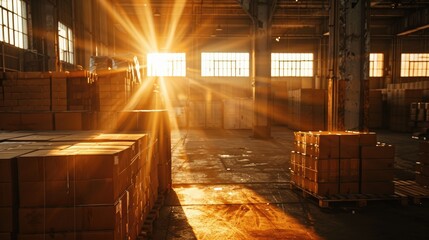 Storage of ready made cardboard boxes on pallets in a warehouse Designing concept for corrugated cardboard box manufacturing Sunset rays inside through window