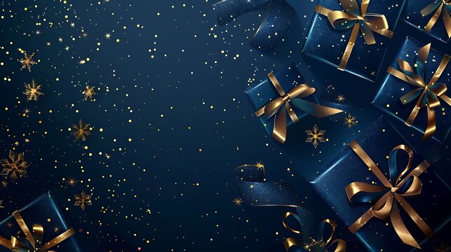 Detailed illustration of blue presents with luxurious golden ribbons, against a navy blue background with golden stars, elegant style