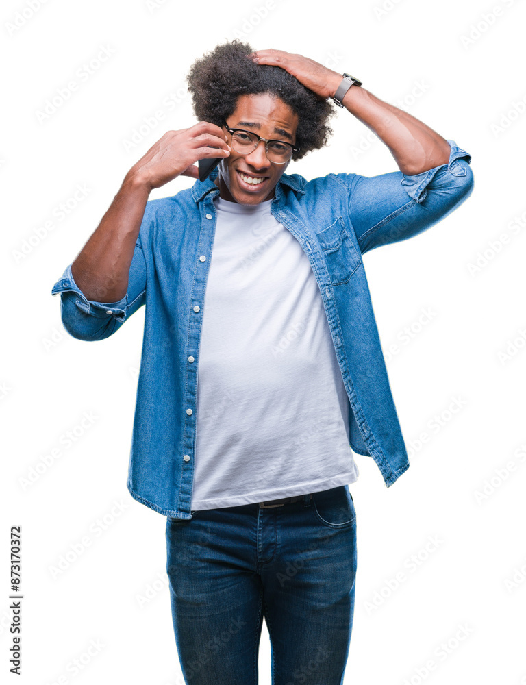 Poster afro american man talking on the phone over isolated background stressed with hand on head, shocked 