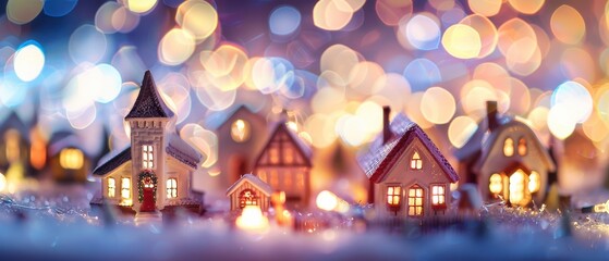 Fototapeta premium Festive Miniature Village with Snow and Lights