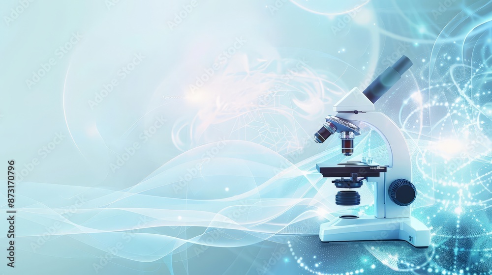 Poster microscope in a modern laboratory with abstract light patterns. concept of scientific research and m