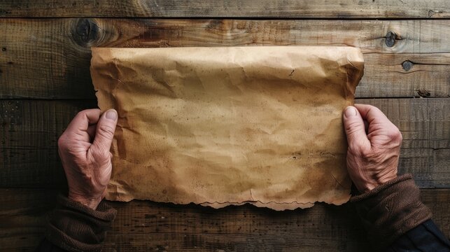 Man s hands gripping aged paper scroll with blank space for text Vertical backdrop
