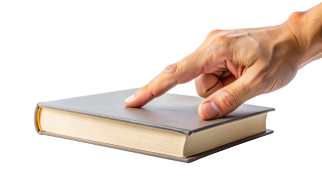 Isolated image of a hand and a closed book on a white background