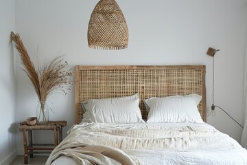 Interior of modern bedroom with wicker bed and rattan lamp