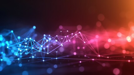 Abstract Futuristic Digital Network with Glowing Nodes and Lines in Blue and Red Gradient Background