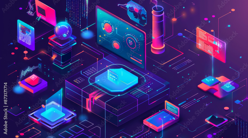 Poster colorful futuristic image of a computer network with a green frame in the middle. concept of technol