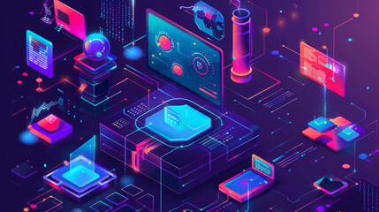 Colorful futuristic image of a computer network with a green frame in the middle. Concept of technology and business.