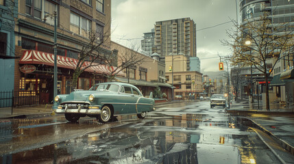 Obraz premium Vintage Car on Urban Street with Reflections on Wet street, Nostalgic Scene with City Buildings in the Background
