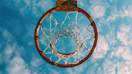 View of basketball hoop from below against the sky