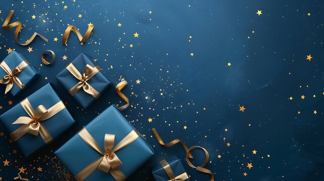 Detailed illustration of blue gifts with elegant golden ribbons, set against a deep sea blue background with golden stars, minimalist style