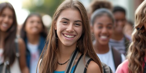 Fototapeta premium Happy cheerful high school or college students walk to school smiling at camera with toothy smile