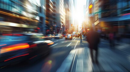 Urban landscape with cars, pedestrians, and streetlights blurred by motion