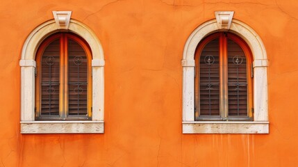 Two arched windows from Italy against orange wall with space for text