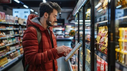 Obraz premium Man Using Smartphone in Grocery Store