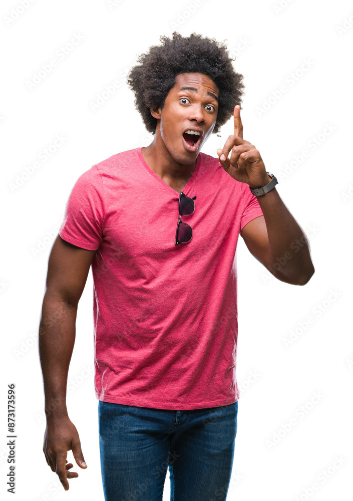 Sticker Afro american man over isolated background pointing finger up with successful idea. Exited and happy. Number one.