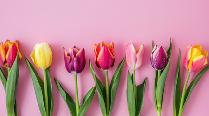 Fototapeta premium Colorful tulips in spring on a pink background