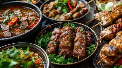 Variety of grilled meats and soups with meat and green vegetables at 45 degree angles