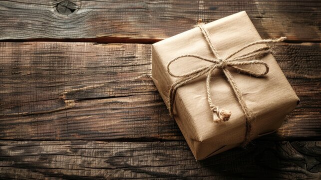 Wrapped gift box on rustic wooden table
