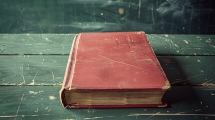 Vintage red book on desk in classroom with blackboard background retro style