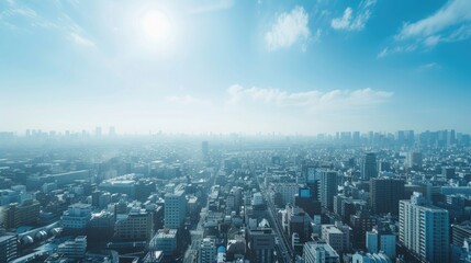 A cityscape at midday, with clear skies and bright sunlight casting sharp shadows on the city streets and rooftops.