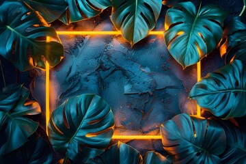 Abstract tropical background featuring vibrant monstera leaves and glowing orange frame, creating a dreamy and mystical jungle atmosphere.