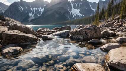  rocky mountain top with water and rocks near it,