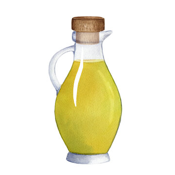recommend clip art: Composition of glass jug with olive oil and cork. Hand drawn watercolor illustration on white background. For design, decor, cards, posters, menu