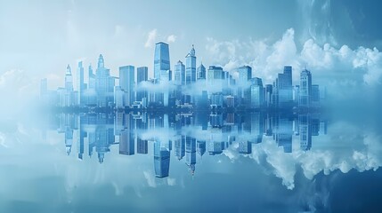 Obraz premium Futuristic Cityscape Reflected in the Clouds Above Towering Skyscrapers