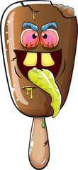 Vector Zombie chocolate ice cream with brain and red eyes isolated on transparent white background. Halloween chocolate monster ice cream zombie character. Monster ice cream