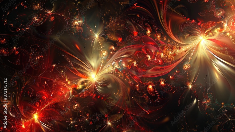 Poster an abstract background with complex, fractal patterns and bright highlights.