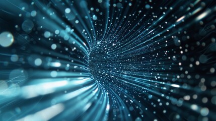 Naklejka premium Blue light streaks through a digital tunnel, with sparkling particles