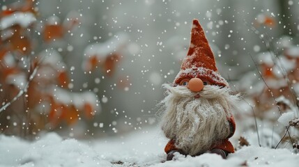 Cute gnome with long beard in winter setting