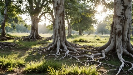  an area with lots of trees and roots in the grass,