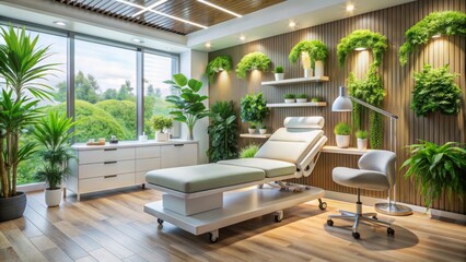 Serene aesthetic clinic ambiance with modern equipment, comfortable couch, and soothing green plants in the background.