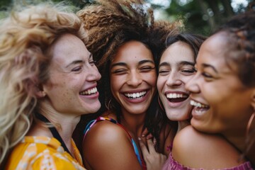 Fototapeta premium Group of diverse women laughing joyfully in a natural setting, embracing friendship.