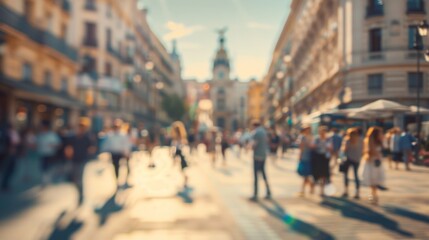 Obraz premium Pedestrians walk along a busy city street, their forms blurred in motion