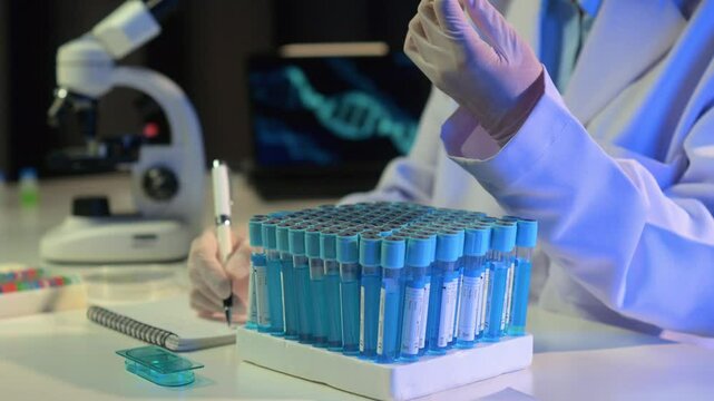 Lab technician labels blue test tubes in a laboratory, showcasing precise organization and recording of samples for scientific research