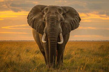 Obraz premium Majestic elephant stands in golden savanna at sunset, ears spread wide, tusks gleaming. Powerful portrait of African wildlife.