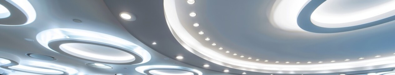 Futuristic Ceiling Design with Circular Lighting Fixtures, Featuring Modern Interior Design Elements, Industrial Aesthetics, High-Resolution AI-Generated Background