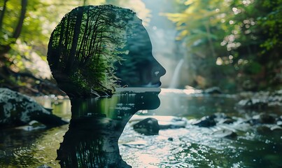 Outline of Human Head with Calm Forest Stream Inside, Inner Peace and Serenity