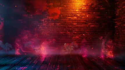 Dimly lit basement room, brick walls showing age, orange and red sparks of fire, light on the wooden floor, light smoke, neon pink lamps, colorful minimalist scene, ultra hd high quality image
